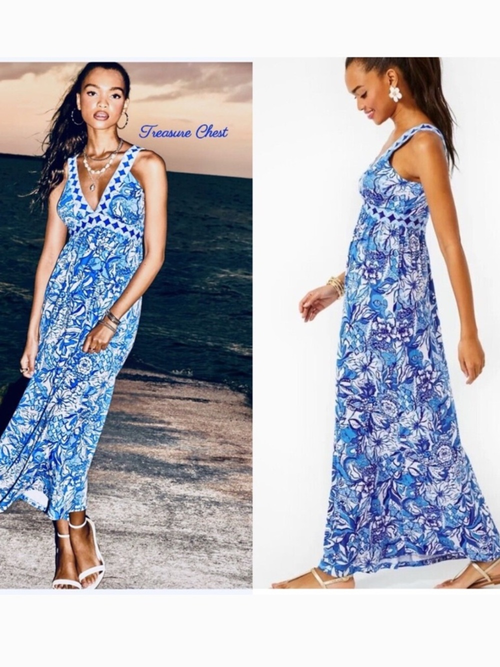 Lilly Pulitzer Maxi Dress Blue Tang Flocking Serena V-Neck Maxi Patterned